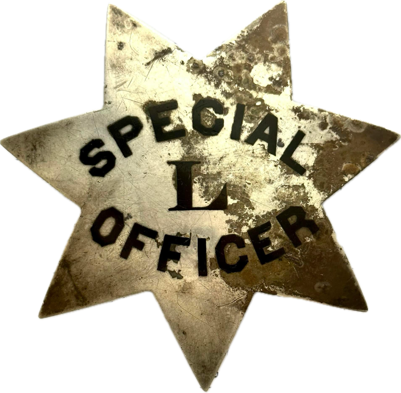 Early Oakland Police (large Pie Plate) Special Police L badge made of sterling silver with hard fired black enamel.