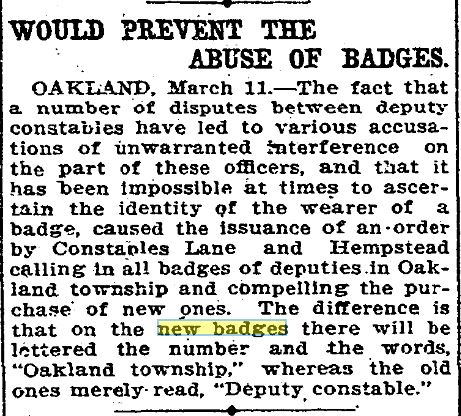 12 MAR 1907 New Badges Fo r Oakland Twp Constables