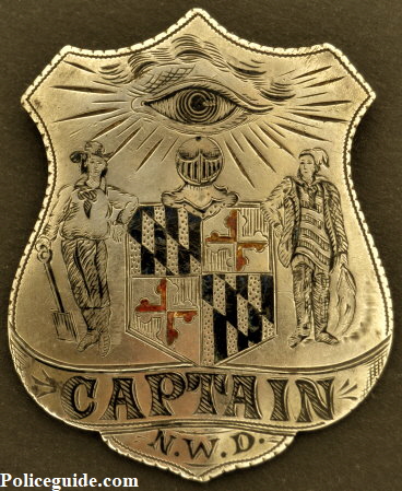 Baltimore Police Captain badge for the Northwestern District.  Jeweler made with hard fired enamel.  According to noted Baltimore historian Bruce Green, the only one known to exist.