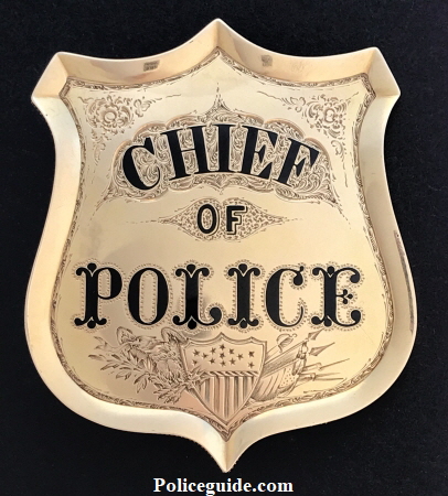 San Francisco Police Chief Martin J. Burke’s 14k gold presentation badge.  The San Francisco Bulletin newspaper in May of 1860 mentioned his badge and called it “Dazzling”. 