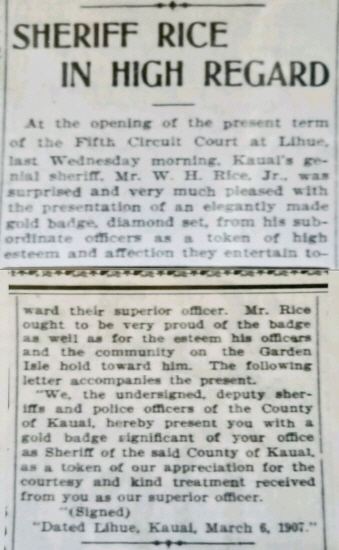 March 6, 1907 Sheriff Rice In High Regard.