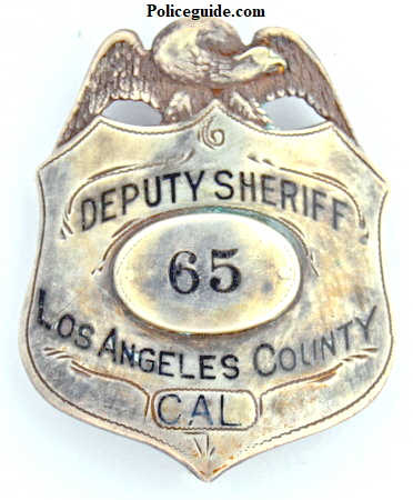 Los Angeles County Deputy Sheriff badge #65.  Sterling silver, jeweler made.1908-1910