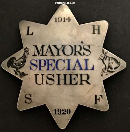1914 -1920 Mayor's Special Usher police badge.
