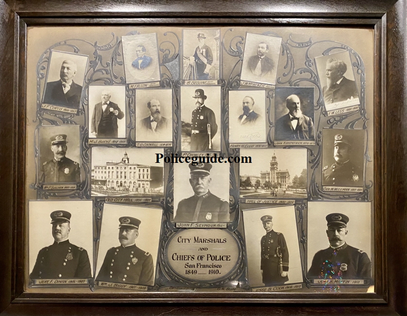 S.F.P.D. officer and photographer G. W. Blum created this collage of all City Marshals and Chiefs of Police from 1849 to 1911 when John F. Seymour was appointed Chief of Police.  Each photo is individually mounted followed by delicate and intricate ornamental filigree and text was painstakingly hand painted.