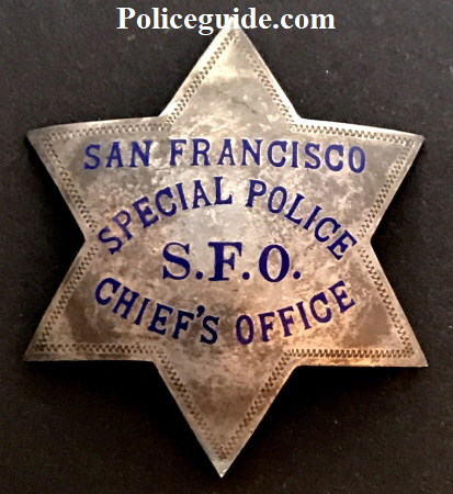 S.F.P.D. Special Police Chiefs Office badge issued to Onnias C. Skinner Jr., State Police Weights and Measures S.F - O. Bay Bridge.  He was a mechanic.  Badge is made by Irvine & Jachens S. F. and is marked Sterling.  His S.F. Police appointment paper is pictured below and is dated Nov. 18, 1940.