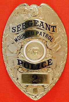 Sterling silver, gold washed Sergeant Mounted Patrol Police badge.  Made by  L. A. Stamp and Stationary Co. L. A.