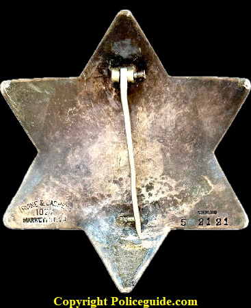 Southern Pacific Co. Railroad Police Nevada star No. 836.  Made by Irvine & Jachens 1027 Market St. S.F. and dated 5-21-21, sterling silver with hard fired blue enamel.