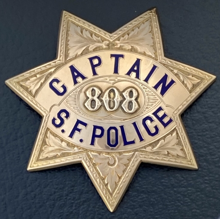 San Francisco Police Captain star #808, issued to Danield J. O’Brien on 2-18-24, hallmarked Irvine & Jachens S.F. 14k