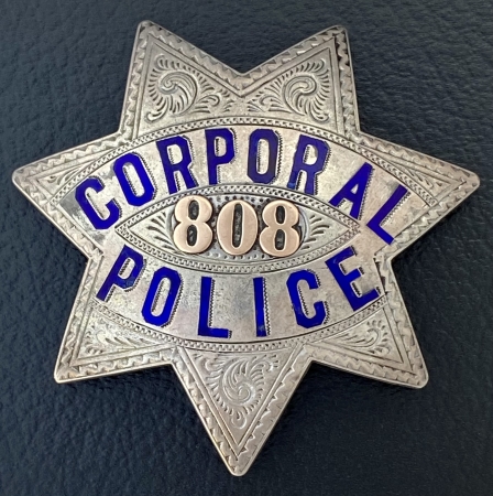 San Francisco Police Corporal star #808, issued to Danield J. O’Brien on 10-19-07, hallmarked Irvine & Jachens  2129 Market St. S.F. Coin Silver.