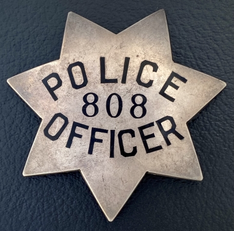 San Francisco Police star #808, issued to Danield J. O’Brien on 12-29-08, hallmarked Irvine W. & Jachens S.F. Sterling.