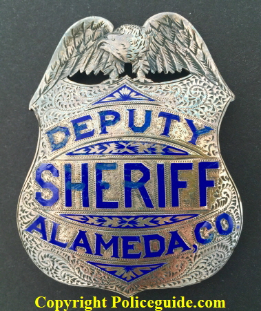 Alameda Co. Deputy Sheriff, sterling silver, hand engraved. Noted Alameda County historian and collector James Bolander told me that this badge is one of four ordered from Oakland Jeweler and watchmaker George Fake in the late 1890's.  Hallmarked Geo. Fake Sterling.  SKU5144
