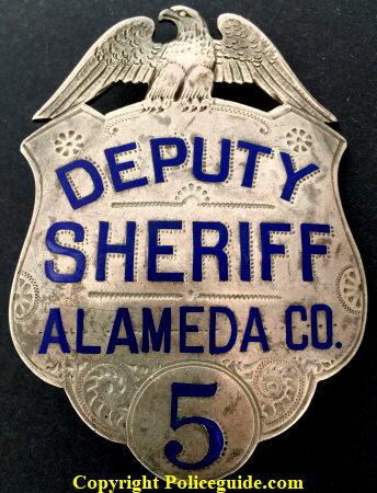 Alameda Co. Deputy Sheriff badge #5, sterling silver, hand engraved.  Made by Hutchison Oakland, CAL.  SKU4587