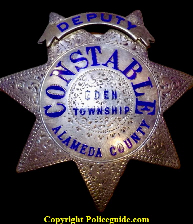 Eden Township Deputy Constable Alameda County star, made by Ed Jones Co. Oakland CAL and dated 1-24-1920.  Sterling silver, hand engraved and lettering is hard fired blue enamel. 