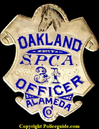 Alameda Co. Oakland SPCA Officer, #31, sterling silver, hand engraved. Hallmarked Morton Jeweler Co. Oakland, CA.  George Fake was now working for Morton and you can see his signature enameled engraving.