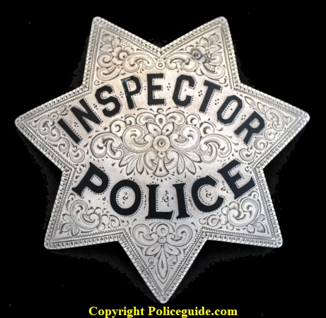 A very rare Sacramento Police Inspector badge, sterling silver, hand engraved, circa 1925.