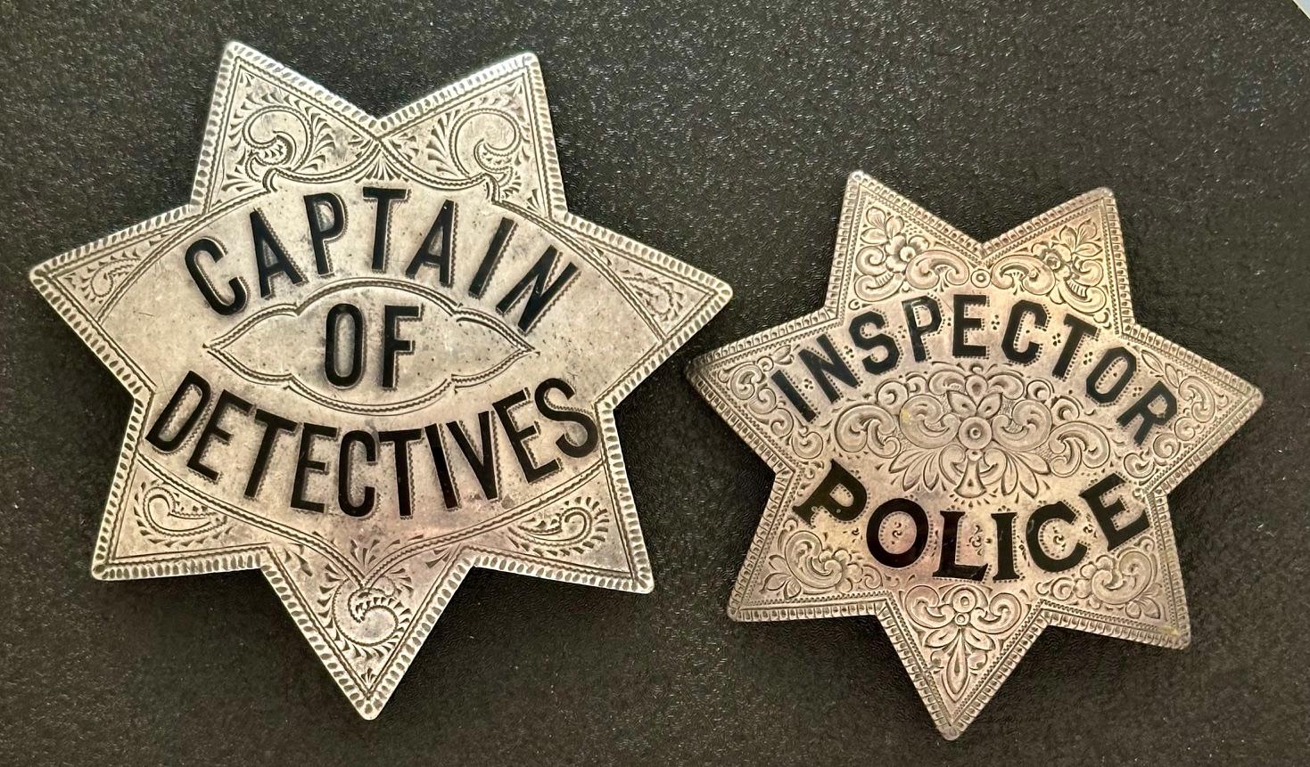 Side by side image of Arthur Ryan’s sterling badges.  The Captain of Detectives star is known as a “Pie Plate” due to the large size at 3 1/2”.
