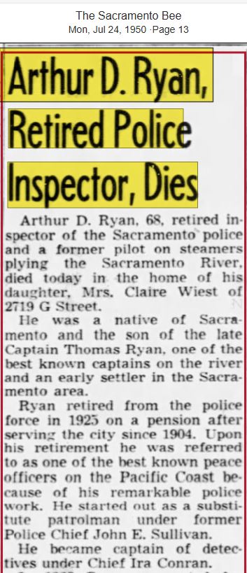 Sacramento Bee July 24, 1950 obit