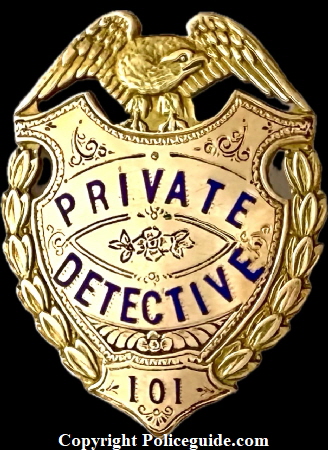 Private Detective eagle top shield, gold front and hand engraved.  Hallmarked Ed Jones & Co Oakland, CAL