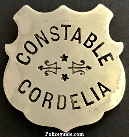 Cordelia Constable badge.  Solano County.  Made by  J.C. Irvine 339 Kearny St. S.F. 