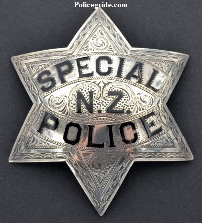 San Francisco Special Police N. Z. badge made of sterling and beautifully hand engraved.  Made by Wirth & Jachens circa 1886.