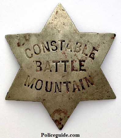 Battle Mountain Constable badge circa 1886, hallmarked J. C. Irvine 339 Kearny St. S. F.