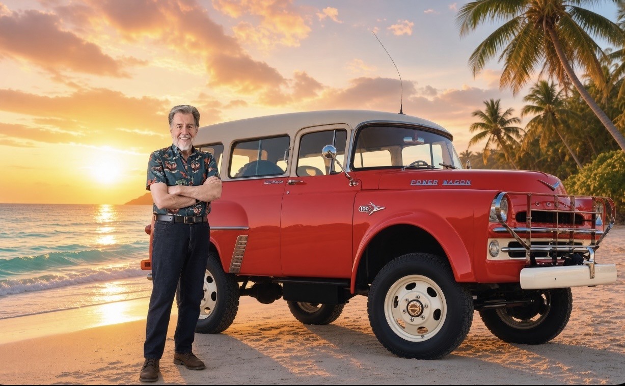 Beach at Sunset with Jim Casey's 1957 Dodge Town Wagon Power Wagon
