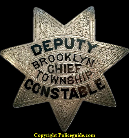 Chief Deputy Constable Brooklyn Township star, made of sterling silver with hard fired black enamel lettering. Fully engraved and presented to J. E. Becker By the Citizens of Brooklyn Township Alameda Co. Cal. In appreciation of Bravery Shown in the Performance of His Duty June 20, 1908. Chief Deputy Constable Brooklyn Township star, made of sterling silver with hard fired black enamel lettering. Fully engraved and presented to J. E. Becker By the Citizens of Brooklyn Township Alameda Co. Cal. In appreciation of Bravery Shown in the Performance of His Duty June 20, 1908.