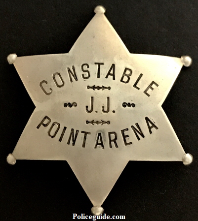 Constable Point Arena Mendocino County.  Personal badge of  James H. Jackway, circa 1924.  Made by Irvine & Jachens 1068 Mission St. S. F.