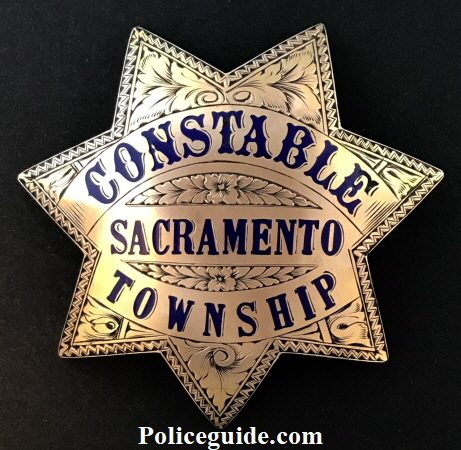 Sacramento County Constable badge presented to Mike Morairity.  Badge is gold front and beautifully hand engraved.