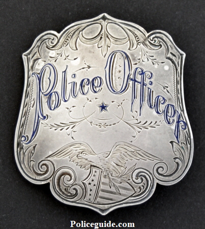 Police Officer San Luis Obispo, 1878 Presentation badge, jeweler made, sterling silver, hand engraved, hard fired enamel, 