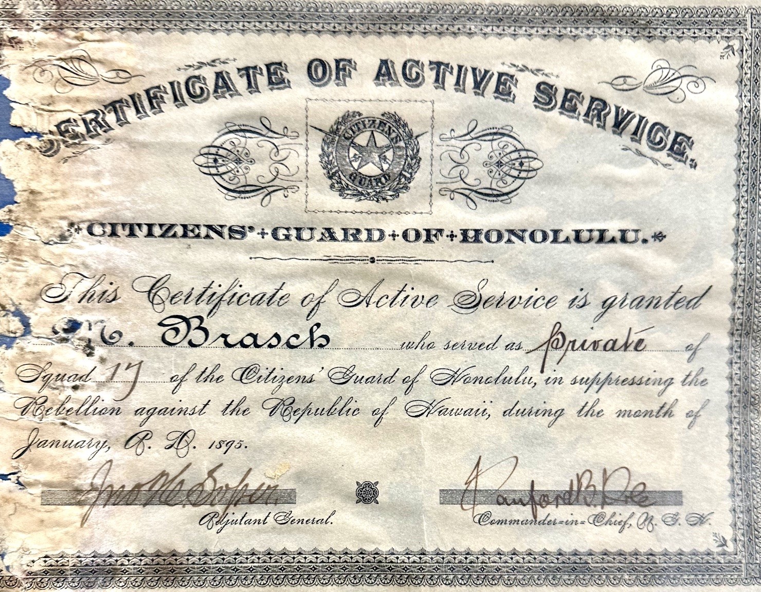 Citizens Guard of Honolulu 1895 Certificate Citizens Guard of Honolulu 1895 Certificate