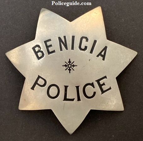 Benicia Police badge circa 1930.  Made by Ed Jones & Co. Oakland, CAL.