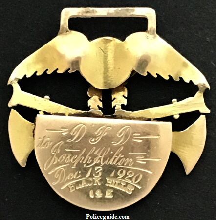 Presentation on reverse of badge, D F D to Joseph Hilton Dec 13, 1920 Black Hills 14k.