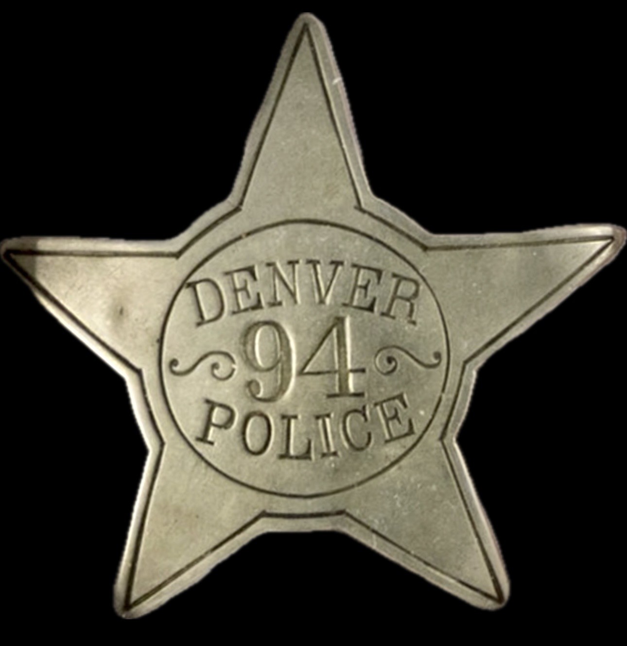 Denver Police star No. 94 hallmarked Novelty Mfg. Co. 1126-16 St. Denver.  This is the second design badge worn in Denver and it was introduced in 1881.