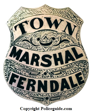 Town Marshal Ferndale  badge, sterling silver, hand engraved with hard fired black enamel, circa 1890.