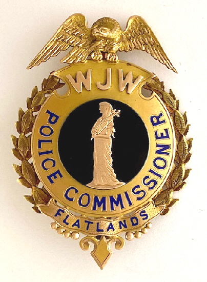 Wm. Warner was presented this stunningly beautiful solid gold Police Commissioners shield for Flatlands, N. Y. and served from 1888 to 1894. The artistry and colors of enamel make this a very special symbol of authority.
