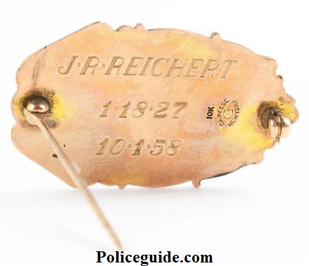 St.Petersburg Police Chief badge,  presented to J. R. Reichert who served from  1-18-1927 to 10-1-1958.  Badge is marked 10k S. H. Reese New York.