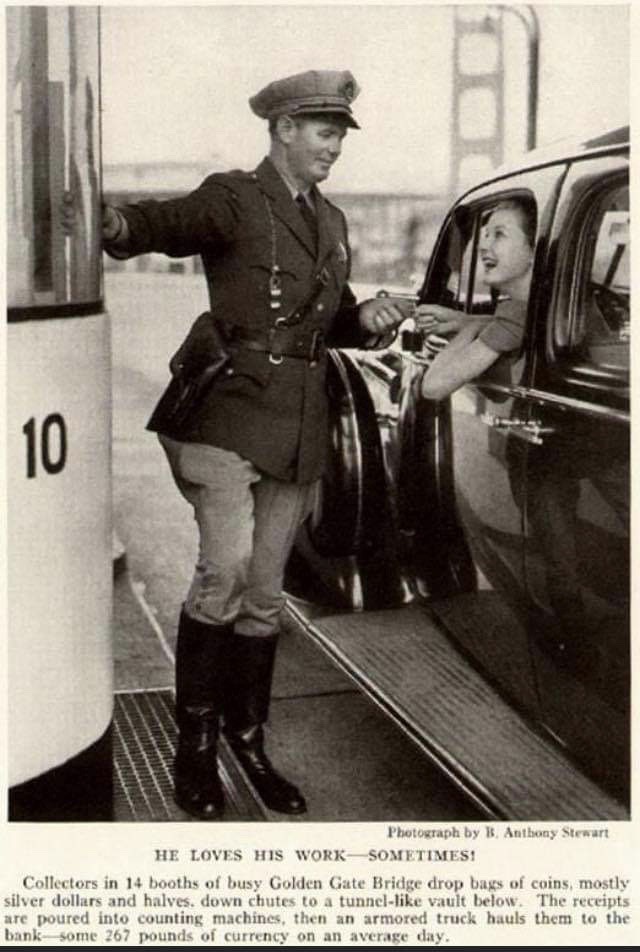 Armed Golden Gate Bridge Officer working one of the toll booths for this publicity photo.  More often he worked patrol on a motorcycle.