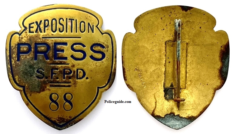 San Francisco Police issued Press Pass #88 for the Golden Gate International Exposition, held at San Francisco's Treasure Island, was a World's Fair celebrating, among other things, the city's two newly built bridges. The San Francisco–Oakland Bay Bridge opened in 1936 and the Golden Gate Bridge in 1937. The exposition opened from February 18, 1939, through October 29, 1939, and from May 25, 1940, through September 29, 1940. Made by P and M.K. Co. San Francisco Police issued Press Pass #88 for the Golden Gate International Exposition, held at San Francisco's Treasure Island, was a World's Fair celebrating, among other things, the city's two newly built bridges. The San Francisco–Oakland Bay Bridge opened in 1936 and the Golden Gate Bridge in 1937. The exposition opened from February 18, 1939, through October 29, 1939, and from May 25, 1940, through September 29, 1940. Made by P and M.K. Co.