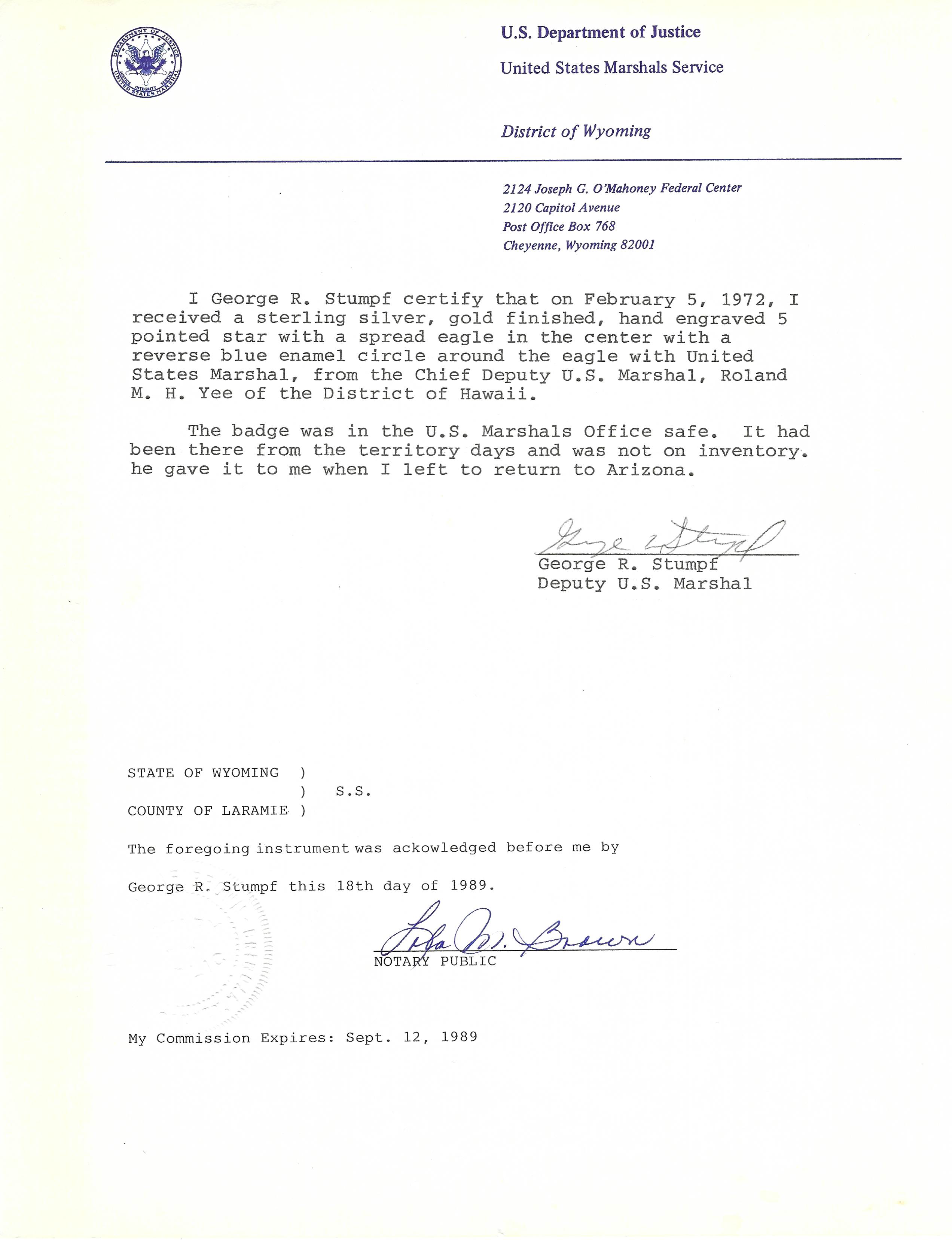 Geo Stumpf notarized letter on U. S. Marshal letterhead  regarding the Hawaiian Island U. S. Marshal badge.