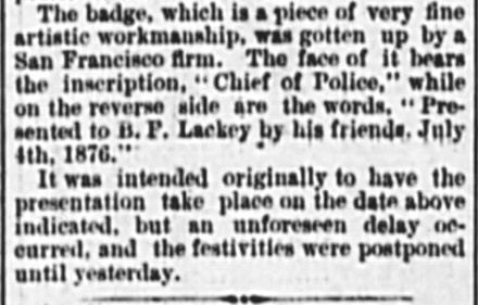 Gold Hill Daily News August 7, 1876 Badge Presented 2 Gold Hill Daily News August 7, 1876 Badge Presented 2
