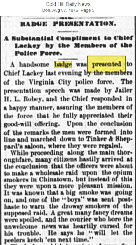 Gold Hill Daily News August 7, 1876 Badge Presented Gold Hill Daily News August 7, 1876 Badge Presented