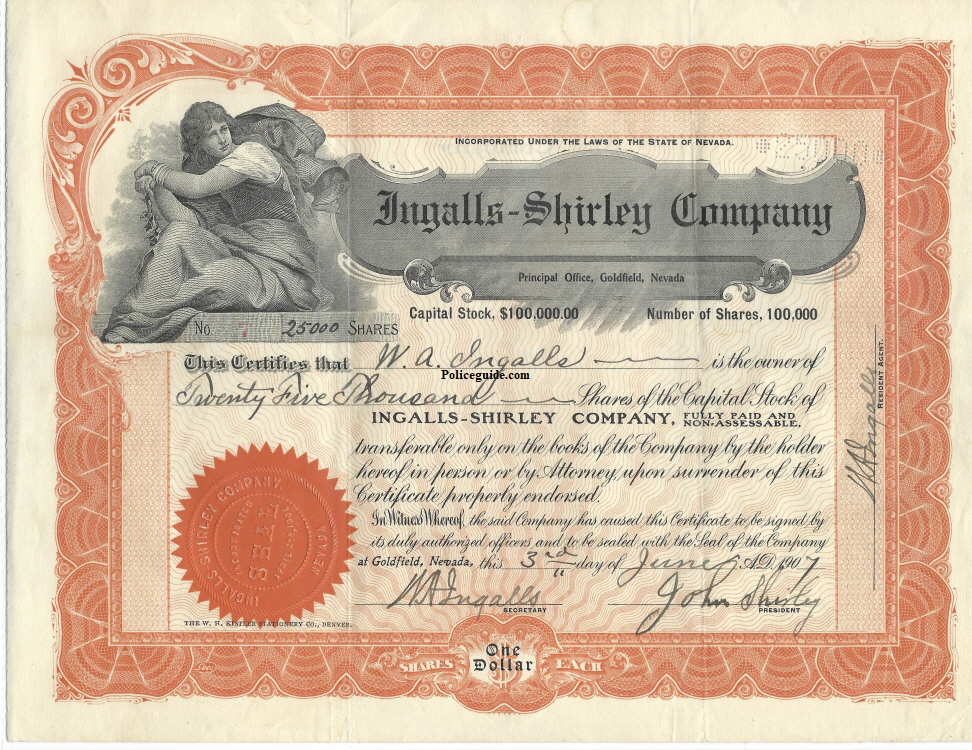 Ingalls Shirley Co. Mine Stock Cert750