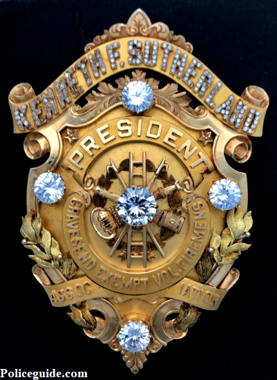 Kenneth F. Sutherland President Gravesend Exempt Vol. Firemens Association presentation badge.  Hallmarked 14k C. G. Braxmar Co. N.Y.  3 7/8" tall.
