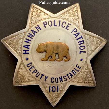 Hannan Police Patrol served Stockton and San Joaquin County and the officers were given police powers through the county.  This badge is sterling silver and was made by the Ed Jones Co.
