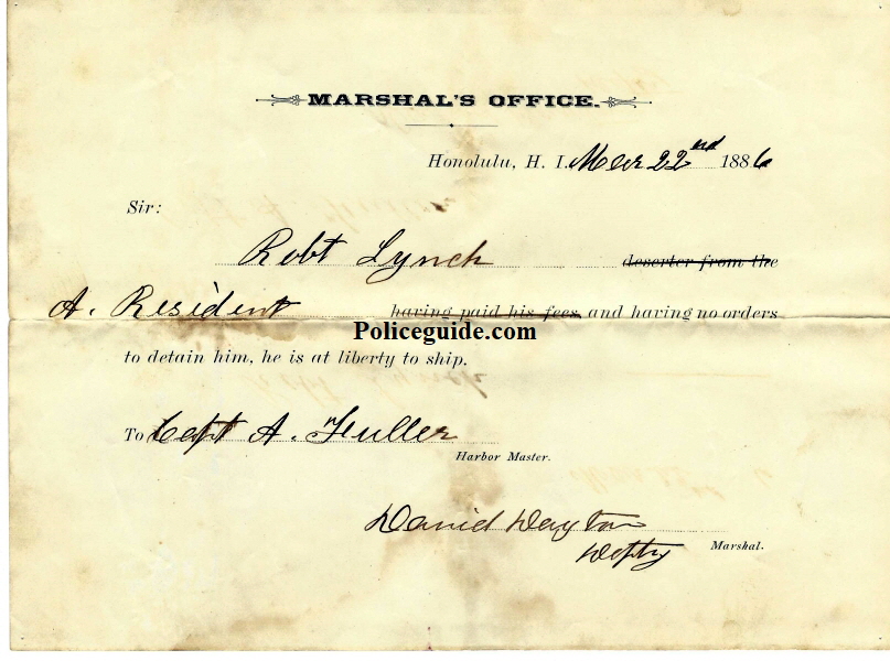 1866 Hawaiia Marshal's office letter600