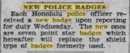 Honolulu Star Bulletin January 25, 1934 new star badge
