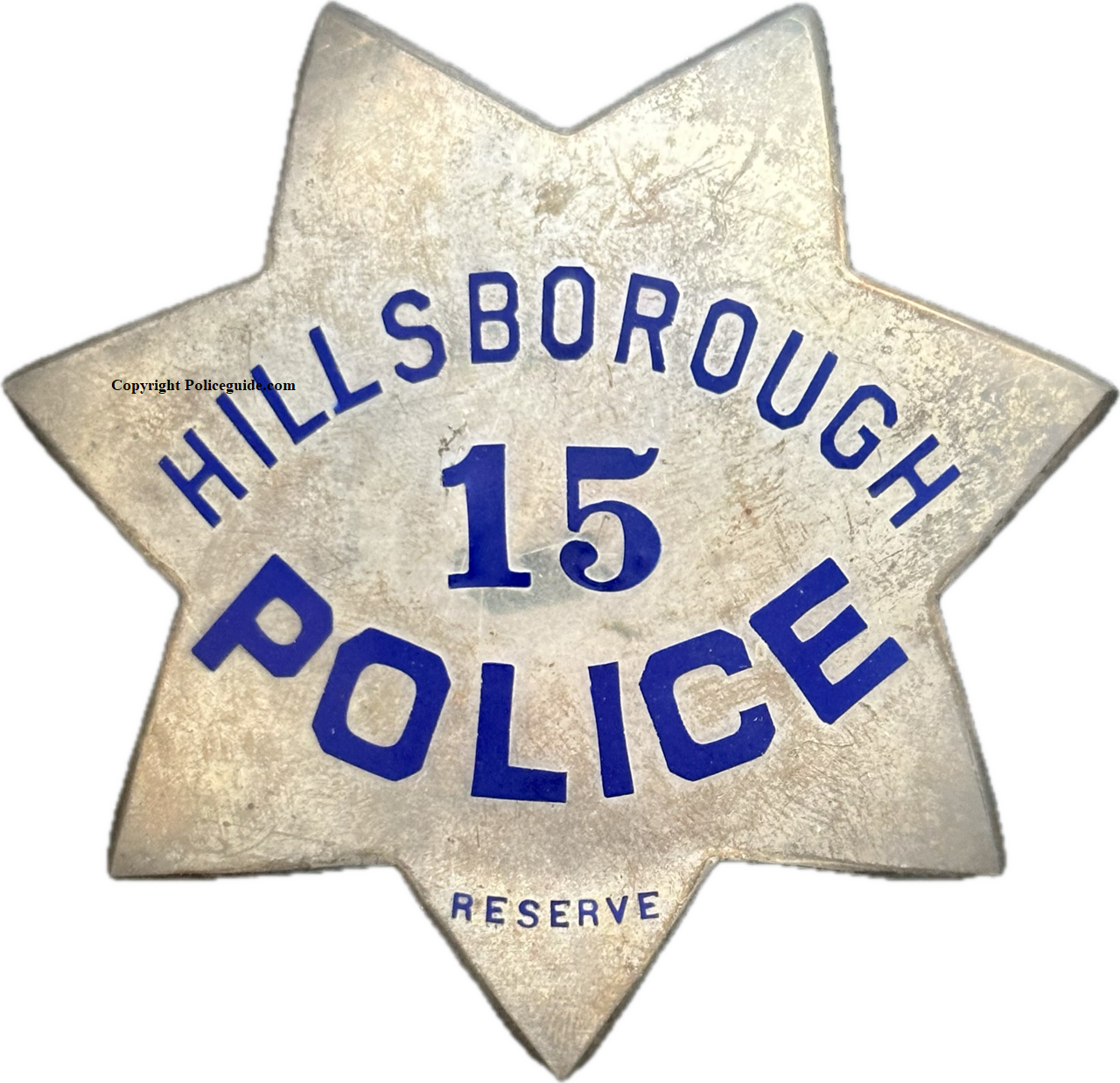 Hillsborough Police Reserve Star No. 15, sterling silver with hard fired blue enamel.  Made by Irvine & Jachens S.F.