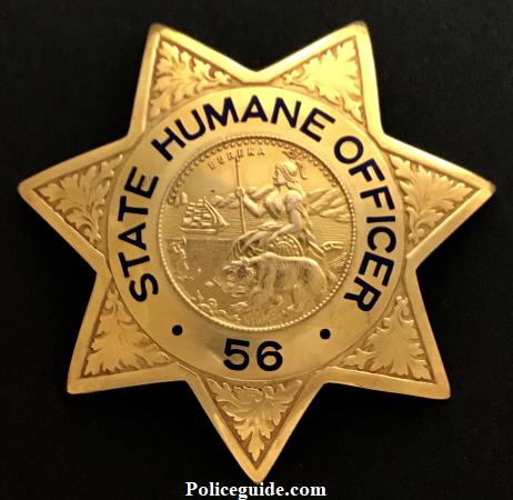 State Humane Officer #56 from the Palo Alto SPCA  with hat badge.  Marked on the reverse Property of the Palo Alto Humane Society.  Made by Irvine & Jachens, stamped Gold Filled with the Jewelry Workers Union stamp.