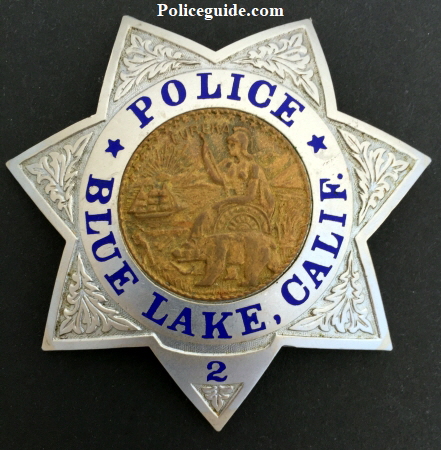 Blue Lake Police badge #2, hallmarked Entenann, circa 1960.